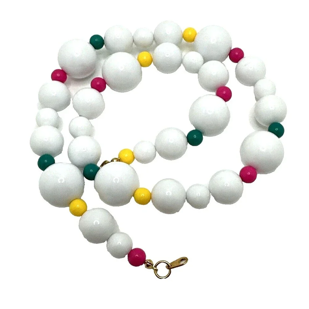 Vintage 1980s White Gumball Bead Necklace Multicolor Accents Statement Retro 20